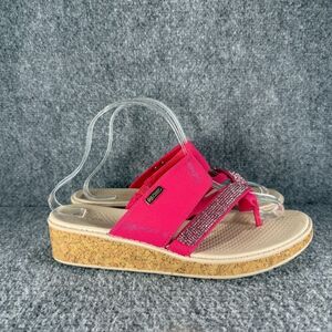 Bzees Bora Bright Sandals Womens 9 Pink Wedge Rhinestone Thong Strappy Comfort